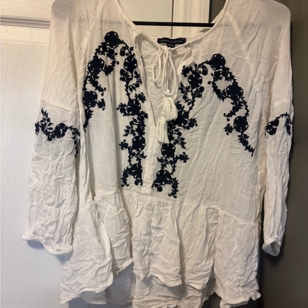American Eagle Outfitters Cream Blouse with Navy Floral Accents